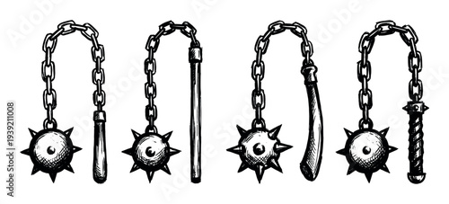 Set of four hand-drawn medieval flails with spiked metal balls, chains, and various handle designs in a black and white ink sketch illustration style