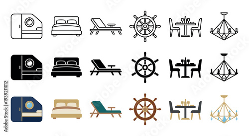 Set of travel and accommodation icons in three styles, including outline, glyph, and color, depicting a ship cabin, bed, sun lounger, helm, dining table, and chandelier