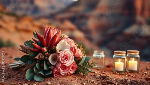 Romantic outdoor bouquet of roses and succulents beside lit mason jar candles on red rock cliffs, evoking a warm, intimate elopement or wedding moment in a desert canyon at dusk.

