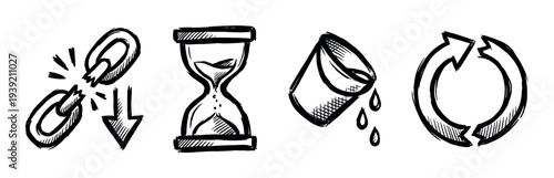 Hand-drawn black sketch icons set showing a broken chain link, hourglass, spilling bucket, and circular arrows representing business concepts like failure, time, waste, and process