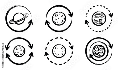 Hand-drawn planet and moon icons collection with circular arrows symbolizing rotation, orbit, and cosmic cycles, rendered in a black grunge brush stroke style