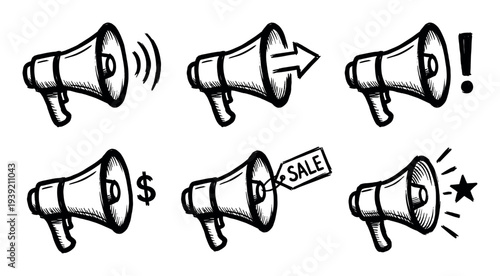 Hand drawn black and white megaphone icons set for communication, marketing, and advertising concepts, featuring various symbols like sale tags, dollar signs, and exclamation marks