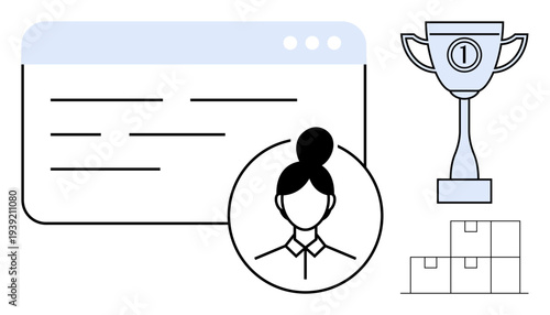 Business success concept. Business growth by profile, webpage, and logistics icons. Business success indicated by trophy and workflow visuals. For leadership, team management, and innovation