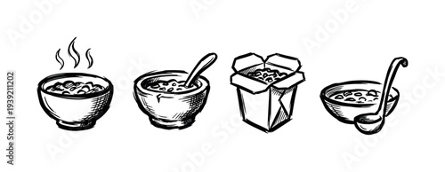 Set of four hand-drawn food icons featuring steaming soup, a takeaway noodle box, and bowls with spoons in a minimalist black and white sketch illustration style