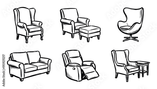 Hand-drawn furniture sketch collection featuring six different seating options like an armchair, sofa, recliner, and egg chair in a simple black ink line art illustration style