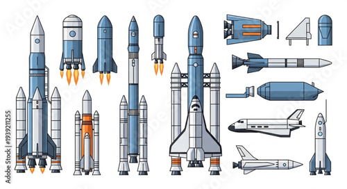 Collection of various rockets and spacecraft illustrations.