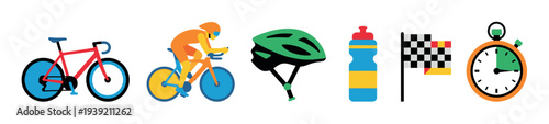 Set of colorful flat cycling icons including a bicycle, racer, helmet, water bottle, checkered flag, and stopwatch for sport competition and athletic activity