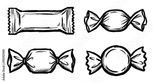 Hand-drawn sketch set of various candies in wrappers, including a chocolate bar and twisted sweets, rendered in a simple black ink doodle style for graphic design elements