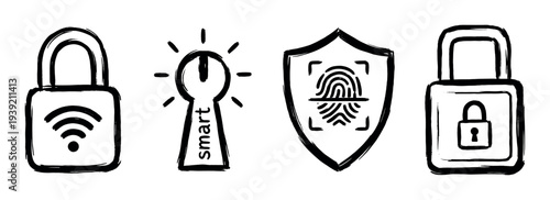 Set of four hand-drawn icons representing smart home security concepts like wireless connection, biometric authentication, and digital access in a minimalist sketch style