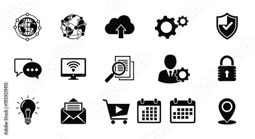 Collection of black icons representing technology and data silhouette