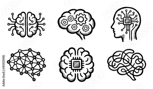 Set of six hand-drawn artificial intelligence icons representing concepts like machine learning, neural networks, and cyborg technology in a simple black sketch style
