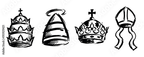 Collection of hand-drawn royal and religious headwear including a papal tiara, monarch's crown, and bishop's mitre, illustrated in a black ink brushstroke sketch style