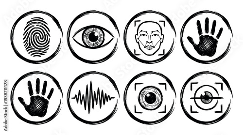 Set of black hand-drawn biometric identification icons including fingerprint, face recognition, iris scan, handprint, and voice authentication in a grunge brushstroke style