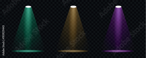 A collection of vibrant spotlights in various colors illuminates a transparent black background creating a dynamic effect