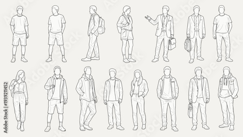 Diverse Group of People in Casual and Business Outfits Line Art Illustration for Fashion, Lifestyle, and Business Projects. Vector Style People Clipart for Design and Web Use