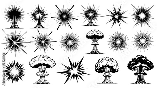 Dynamic Black and White Comic Explosion Vector Set: Illustrative Burst Elements for Graphic Design, Manga and Retro Art, Ideal for Action Scenes, Effects and Emphasis