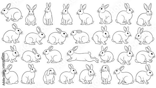 Adorable Array of Easter Bunnies: A Charming Collection of Line Art Rabbits in Various Poses, Perfect for Spring Celebrations, Children's Illustrations, and Cute Animal Designs with Whimsical Appeal