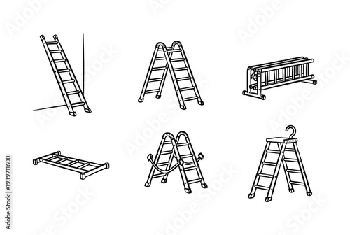 Collection of six different ladders illustrated in a simple black and white line art style, showing various types like stepladders, extension, and straight models for construction