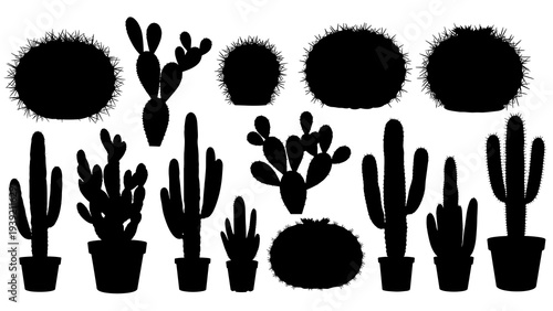 Diverse Cactus Collection: Silhouette Assortment for Southwestern Designs and Botanical Backgrounds, Perfect for Desert-Themed Projects and Plant Enthusiasts, Adding a Touch of Arid Beauty