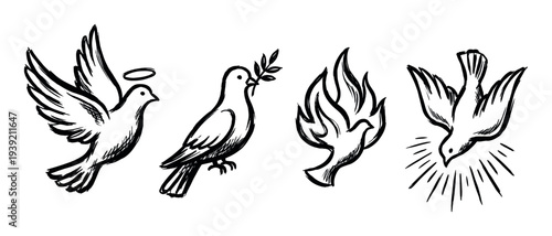 Four black ink brush stroke dove symbols representing peace, faith, and the Holy Spirit in a hand-drawn artistic style for religious and spiritual concepts