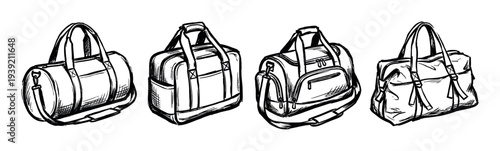 Collection of four hand-drawn duffel bags for sports and travel, illustrated in a rough ink sketch style with bold outlines and visible cross-hatching details