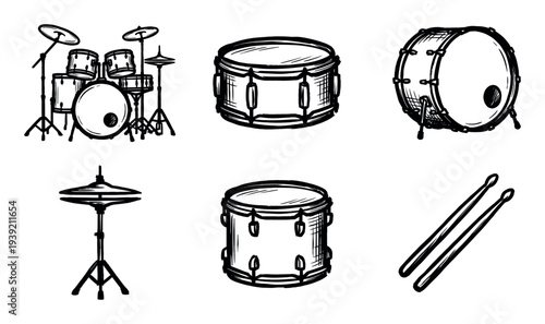 Hand-drawn drum kit illustration set in a black and white sketch style, featuring a full drum set, snare, bass drum, hi-hat cymbal, and a pair of drumsticks for musical themes