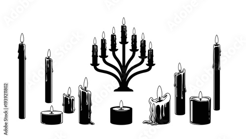 Elegant Candelabra and Candle Silhouette Collection: Timeless Vector Illustration for Gothic Decor, Spiritual Themes, and Vintage Design Projects, Perfect for Invitations and Halloween Elements