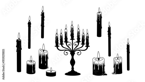 Spooky Candlelight: A Gothic Silhouette Collection of Burning Tapers, Candelabras, and Wax Drips for Halloween Decorations, Dark Fantasy Illustrations, and Theatrical Stage Design Elements