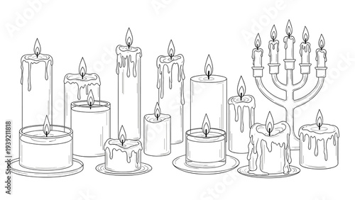 Elegant Hand-Drawn Candle Collection: A Versatile Illustration for Festive Greetings, Religious Celebrations, and Warm Invitations, Perfect for Coloring Books and Printable Decorations