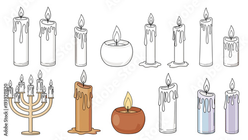 Collection of Decorative Candles with Flames for Home Decor, Religious Observance, or Holiday Celebrations: Hand-Drawn Style for Invitations, Crafts, and Spiritual Designs