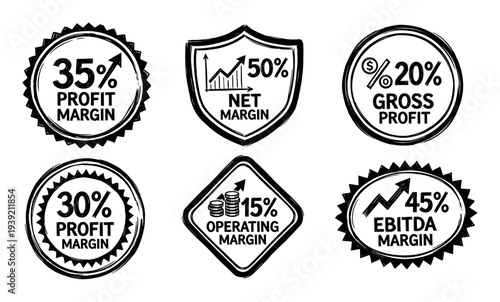 Six black and white hand-drawn financial icons showing various profit margin percentages with a distressed, grunge stamp texture for business performance concepts