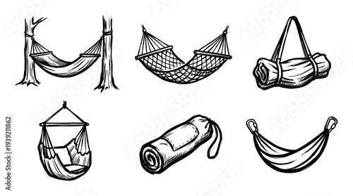 Set of hand-drawn hammock illustrations and camping gear in a black and white sketch style showing different types of relaxing outdoor equipment for travel and leisure