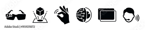 Set of black glyph icons representing augmented and virtual reality technology concepts like smart glasses, holograms, gesture control, bionic vision, user interface, and voice commands