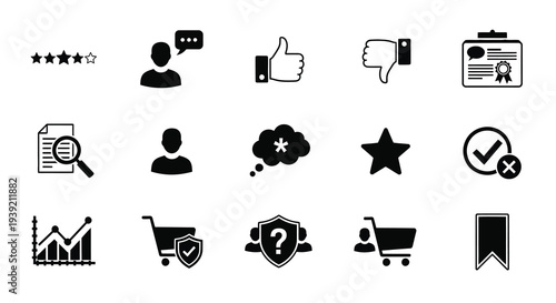 Collection of black icons representing ratings feedback and business silhouette