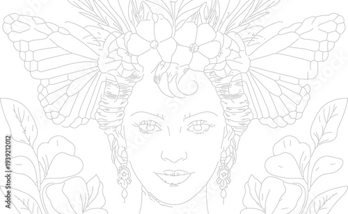 Line drawing of woman's face with butterfly and flower headdress