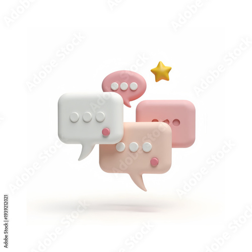 3D illustration of colorful chat bubbles representing online messaging, communication, and social media conversation isolated on a clean background.