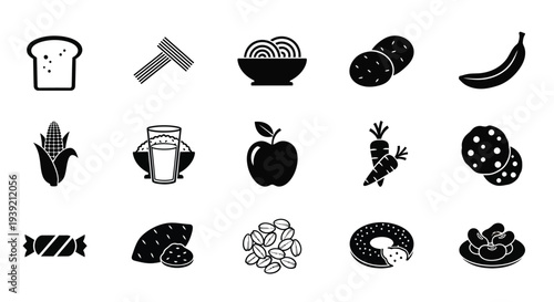 Assorted food items depicted in a clean black silhouette