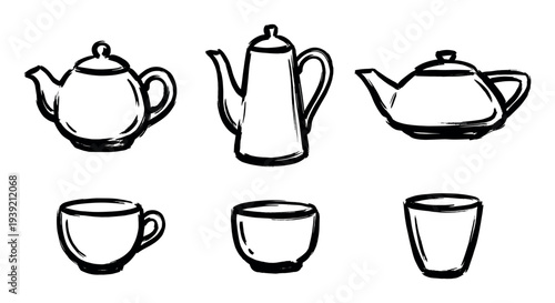 Set of hand-drawn teapots and cups in a black ink brush stroke style, featuring various kitchenware icons for coffee and tea service in a minimalist doodle illustration