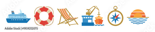 Colorful sea travel and vacation icon set with a cruise ship, lifebuoy, deckchair, cargo port crane, nautical compass, and ocean sunset in a simple flat vector style