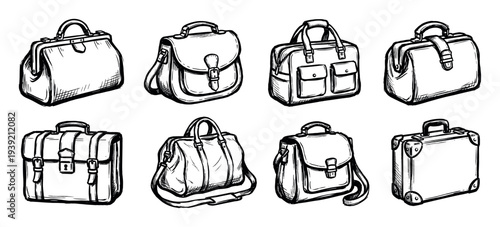 Collection of hand-drawn vintage bags including a briefcase, satchel, suitcase, and doctor's bag in a black and white ink sketch illustration style with bold outlines
