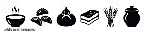 Set of black silhouette food icons representing traditional rustic cuisine, including a steaming bowl, dumplings, garlic, cured fat, a sheaf of wheat, and a clay pot