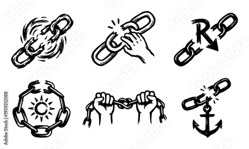 Six black and white sketch style icons showing breaking chains, hands, an anchor, and a sun, illustrating powerful concepts of freedom, independence, and breaking free