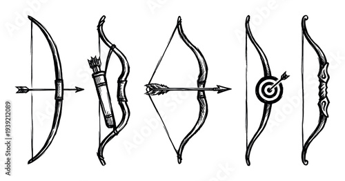 Set of five hand-drawn bows and arrows in a rough sketch style, including a longbow, recurve bow, quiver, and a target with an arrow hitting the bullseye