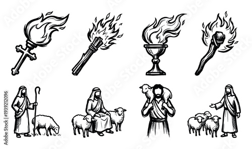 Biblical religious icons and Christian symbols hand drawn in a rough sketch style showing a shepherd with sheep, a flaming torch, a cross, and a holy chalice