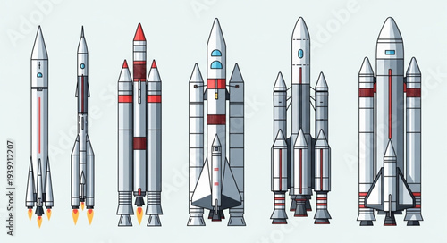 Collection of various rockets and spacecraft lined up.