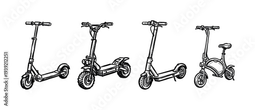 Four hand-drawn electric scooters and a bike in a detailed sketch style, showcasing various models of modern urban personal mobility vehicles for eco-friendly transportation