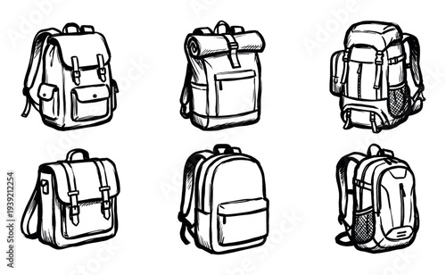 Set of six different hand-drawn backpacks in a bold black ink sketch style, showcasing a variety of rucksacks and daypacks for school, hiking, and outdoor adventures