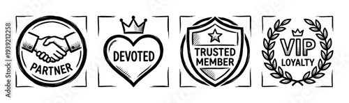 Set of four hand-drawn loyalty program icons representing partnership, devotion, trust, and VIP status in a sketchy monochrome doodle style for business marketing concepts