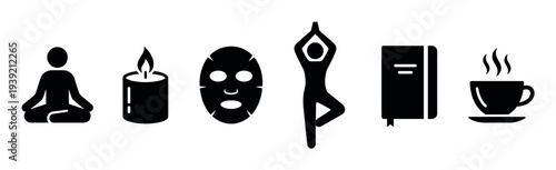 Set of black self-care icons representing relaxation and wellness activities like yoga, meditation, reading, and a beauty routine in a minimalist graphic vector style