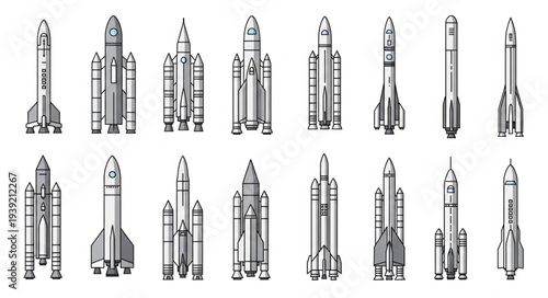 Collection of diverse rocket ship illustrations in a clean line art style.